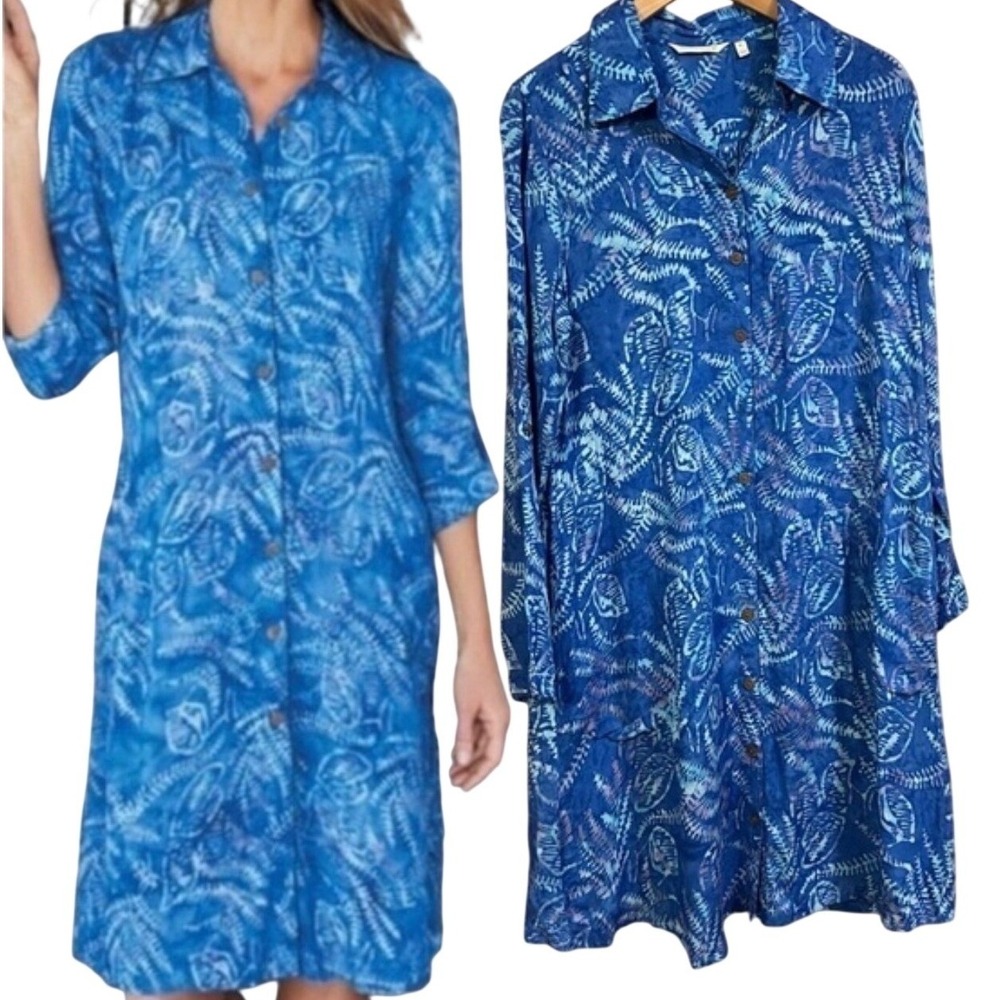 Soft Surroundings Blue Batik Fern Print  Leaf Rayon Button Front Shirt Dress XS